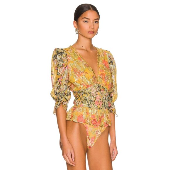 HEMANT AND NANDITA Nova Bodysuit in Mustard Multi X-Small New Womens Blouse Top - Picture 4 of 10